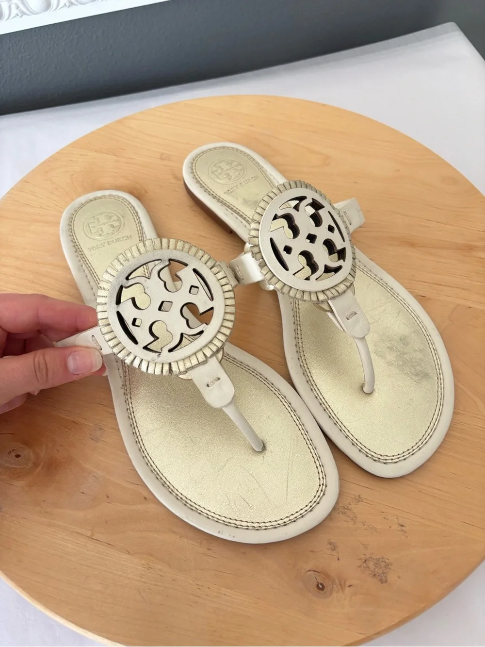 Tory Burch Fringe Miller Sandals in Bleach/Sparkle Gold Women’s Size 8.5